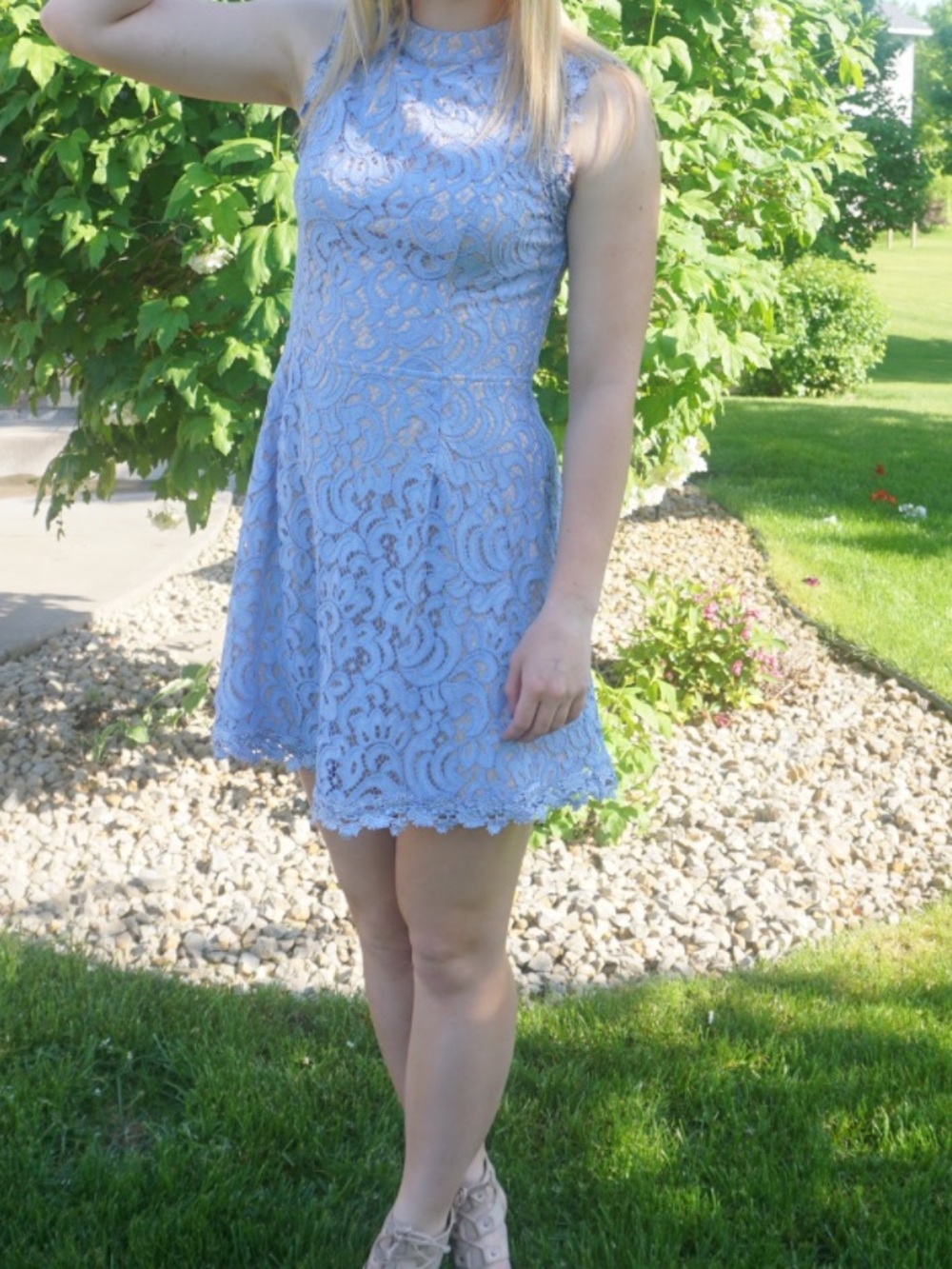 Francesca's Collections Light Periwinkle Lace Mini Dress